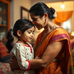 A heartwarming scene of an Indian mother giving a gentle kiss on the forehead of her young daughter