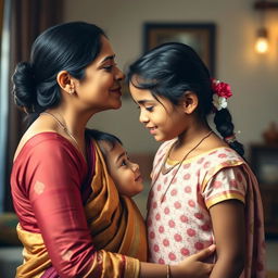 A heartwarming scene of an Indian mother giving a gentle kiss on the forehead of her young daughter