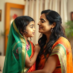 A heartwarming scene of an Indian mother giving a gentle kiss on the forehead of her young daughter