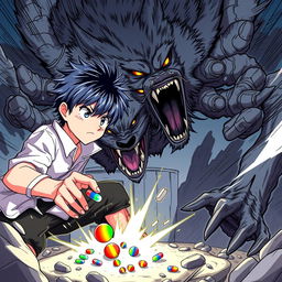 A manga-style teenage boy with indigo-colored hair discovers a rainbow pill