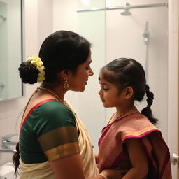 A touching moment of an Indian mother giving a gentle kiss on the forehead of her young daughter in a bathroom setting