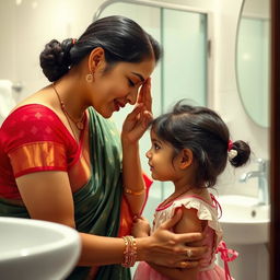 A touching moment of an Indian mother giving a gentle kiss on the forehead of her young daughter in a bathroom setting