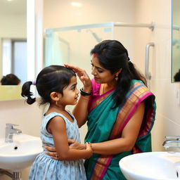 A touching moment of an Indian mother giving a gentle kiss on the forehead of her young daughter in a bathroom setting