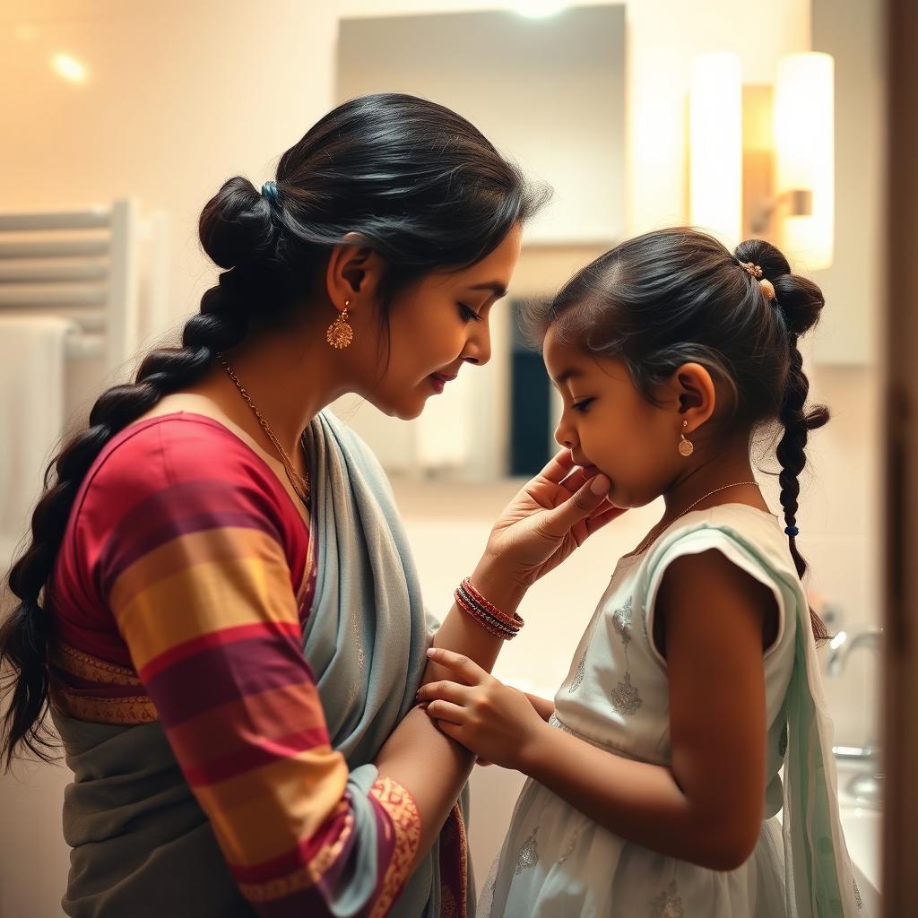 A touching moment of an Indian mother giving a gentle kiss on the forehead of her young daughter in a bathroom setting