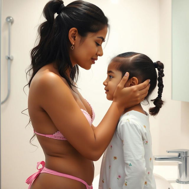 An Indian mother in a bikini giving a gentle kiss on the forehead of her young daughter in a bathroom setting