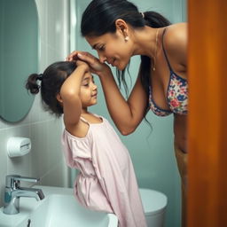 An Indian mother in a bikini giving a gentle kiss on the forehead of her young daughter in a bathroom setting