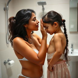 An Indian mother in a bikini giving a gentle kiss on the forehead of her young daughter in a bathroom setting