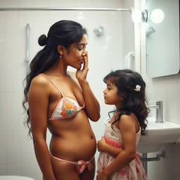 An Indian mother in a bikini giving a gentle kiss on the forehead of her young daughter in a bathroom setting