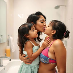 An Indian mother in a bikini giving a kiss on her young daughter's tongue in a bathroom setting