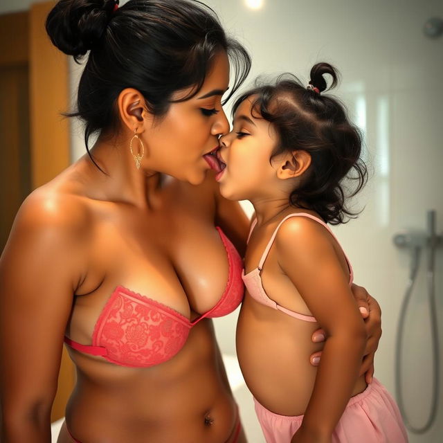 An Indian mother in a bikini giving a kiss on her young daughter's tongue in a bathroom setting