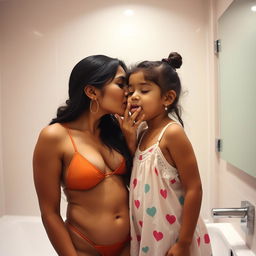 An Indian mother in a bikini giving a kiss on her young daughter's tongue in a bathroom setting