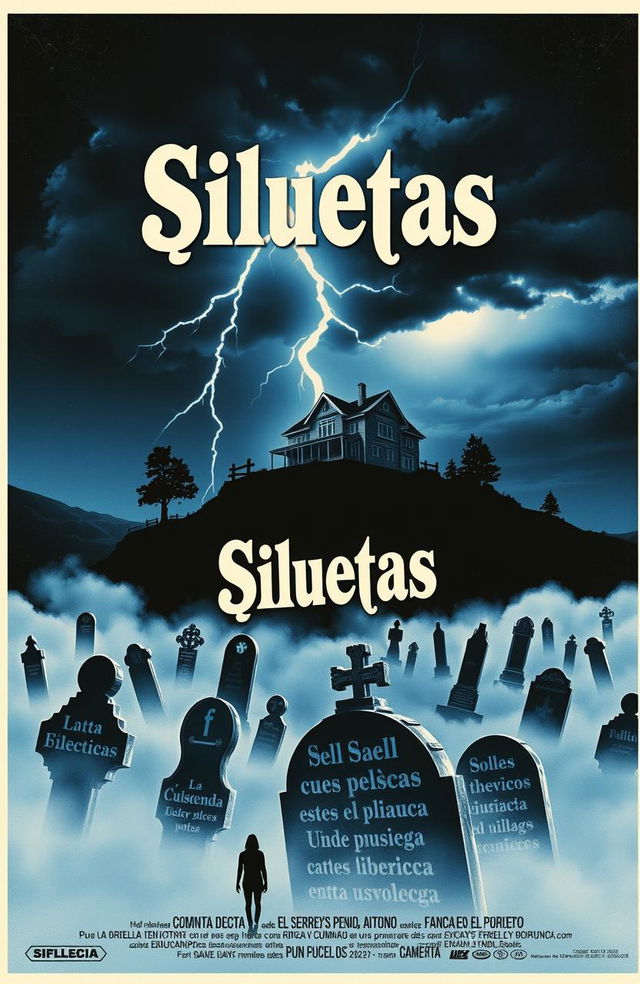 A Spanish horror movie poster from the 1970s titled "Siluetas", featuring a stormy night scene with a house on a hill, a cemetery at the base, and thin human silhouettes walking among tombstones in thick fog