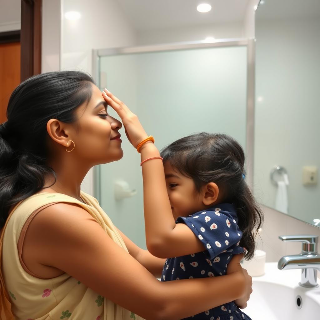 A tender moment where an Indian older sister gives a gentle kiss on the forehead of her younger sister in a bathroom setting