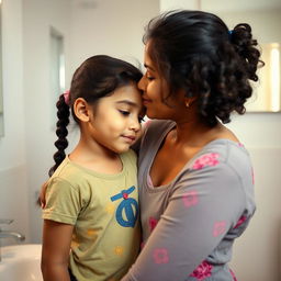 A tender moment where an Indian older sister gives a gentle kiss on the forehead of her younger sister in a bathroom setting