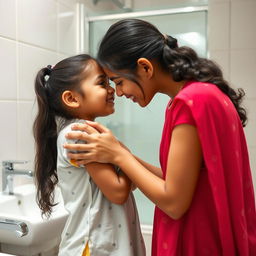 A tender moment where an Indian older sister gives a gentle kiss on the forehead of her younger sister in a bathroom setting