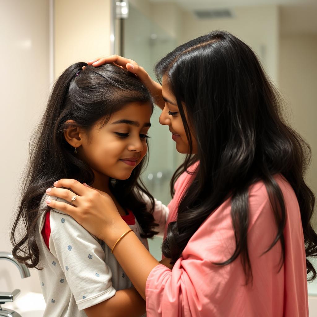 A tender moment where an Indian older sister gives a gentle kiss on the forehead of her younger sister in a bathroom setting