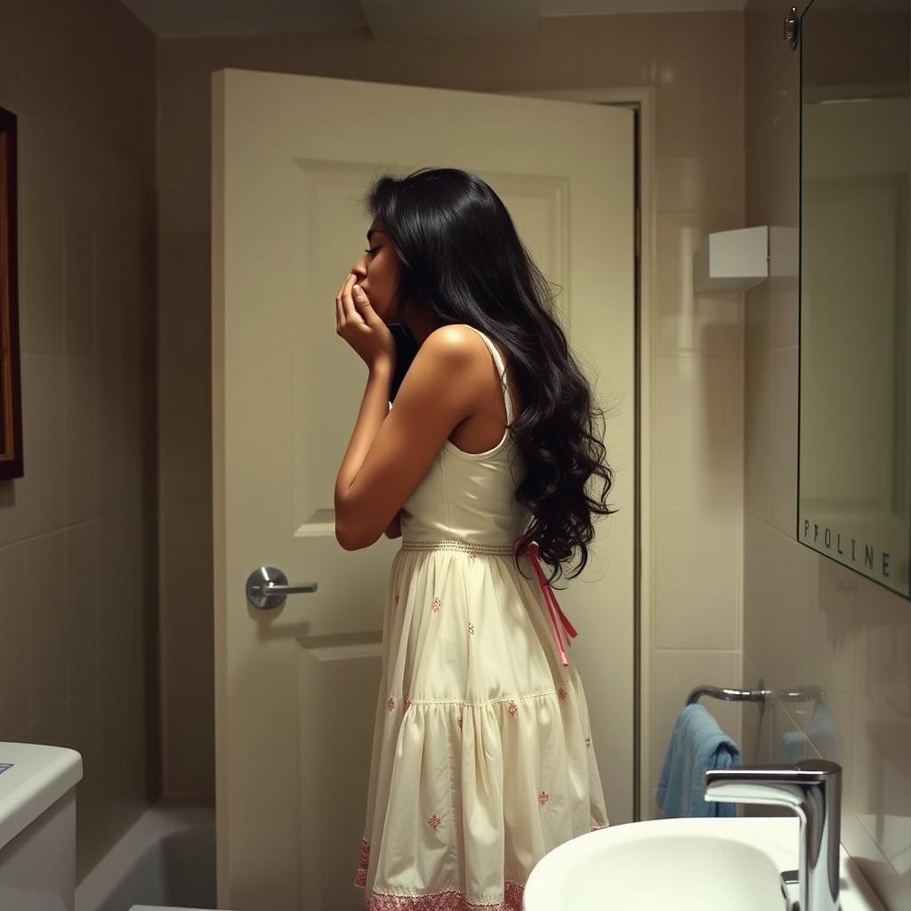 An intimate and controversial scene where an Indian older sister, dressed in a half dress, is giving a French kiss to her younger sister in a bathroom setting