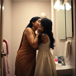 An intimate and controversial scene where an Indian older sister, dressed in a half dress, is giving a French kiss to her younger sister in a bathroom setting