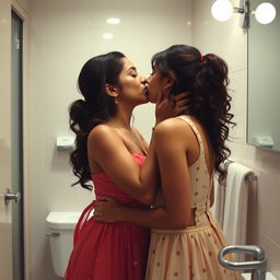 An intimate and controversial scene where an Indian older sister, dressed in a half dress, is giving a French kiss to her younger sister in a bathroom setting