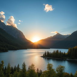 A beautiful landscape featuring a serene lake surrounded by lush green forests and majestic mountains in the background