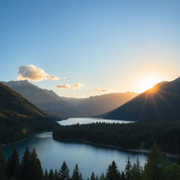 A beautiful landscape featuring a serene lake surrounded by lush green forests and majestic mountains in the background