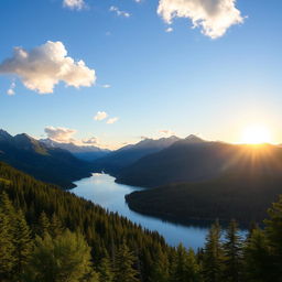 A beautiful landscape featuring a serene lake surrounded by lush green forests and majestic mountains in the background