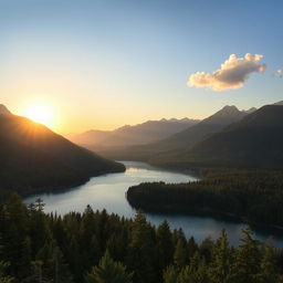 A beautiful landscape featuring a serene lake surrounded by lush green forests and majestic mountains in the background