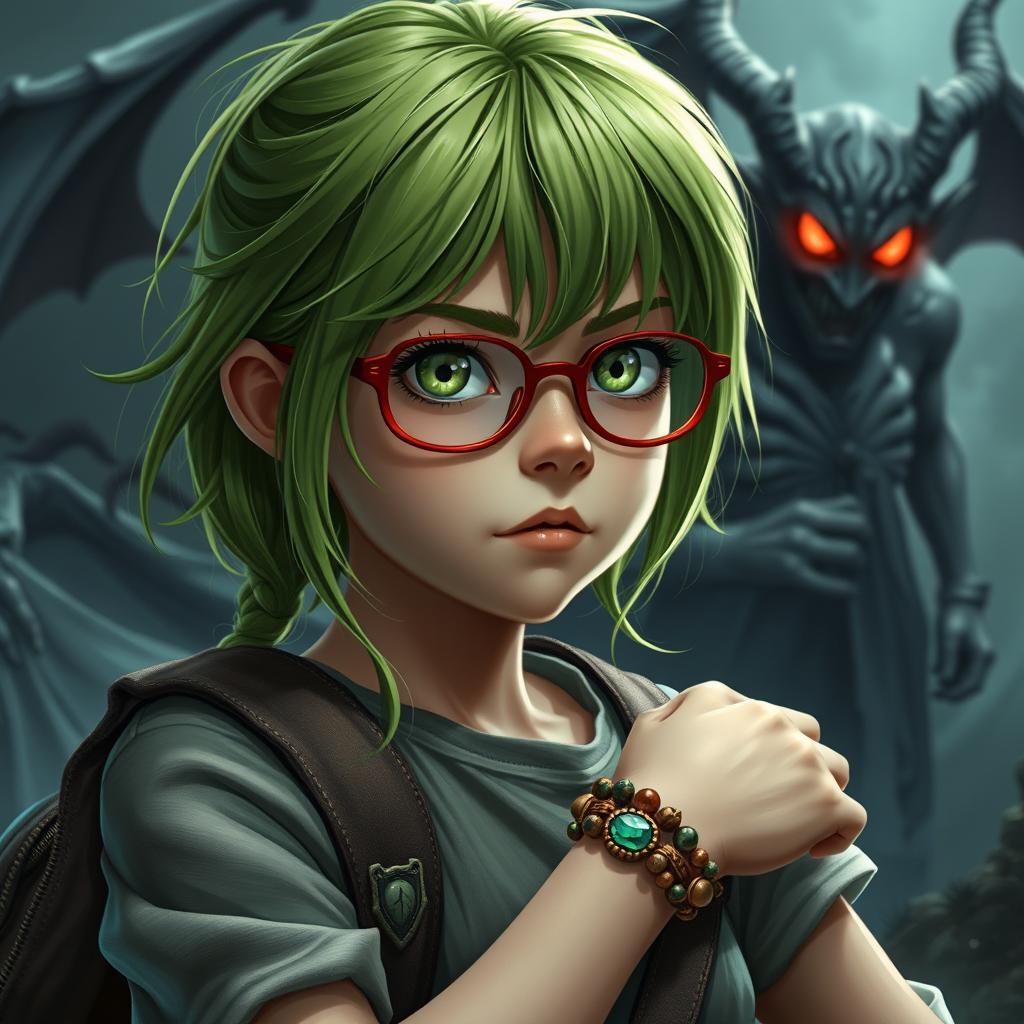 A green-haired teenage girl with green eyes and red glasses, wearing a wooden and emerald bracelet, sets out on an adventure