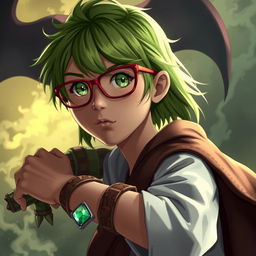 A green-haired teenage girl with green eyes and red glasses, wearing a wooden and emerald bracelet, sets out on an adventure