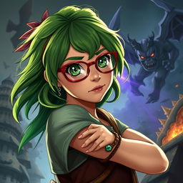 A green-haired teenage girl with green eyes and red glasses, wearing a wooden and emerald bracelet, sets out on an adventure