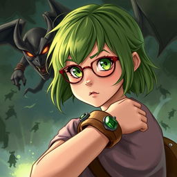 A green-haired teenage girl with green eyes and red glasses, wearing a wooden and emerald bracelet, sets out on an adventure