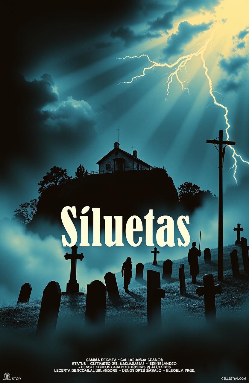 A Spanish horror movie poster from the 1970s titled "Siluetas", featuring a stormy night scene with a house on a hill, a cemetery at the base, and thin human silhouettes walking among tombstones in thick fog