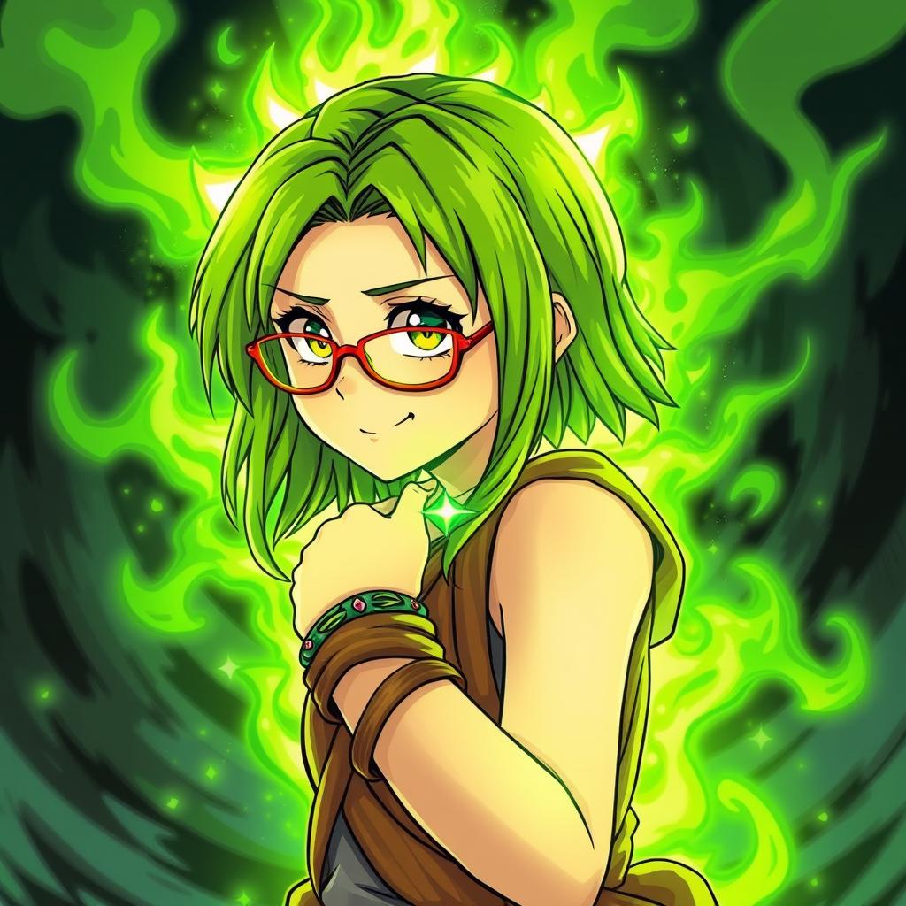 A green-haired teenage girl with green eyes and red glasses, wearing a wooden and emerald bracelet, sets off on an adventure to defeat her little brother who is controlled by an evil and powerful devil