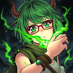 A green-haired teenage girl with green eyes and red glasses, wearing a wooden and emerald bracelet, sets off on an adventure to defeat her little brother who is controlled by an evil and powerful devil