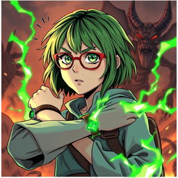 A green-haired teenage girl with green eyes and red glasses, wearing a wooden and emerald bracelet, sets off on an adventure to defeat her little brother who is controlled by an evil and powerful devil