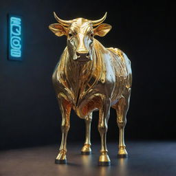 A cow designed in cyberpunk style, enrobed in shiny gold plating with neon accents.