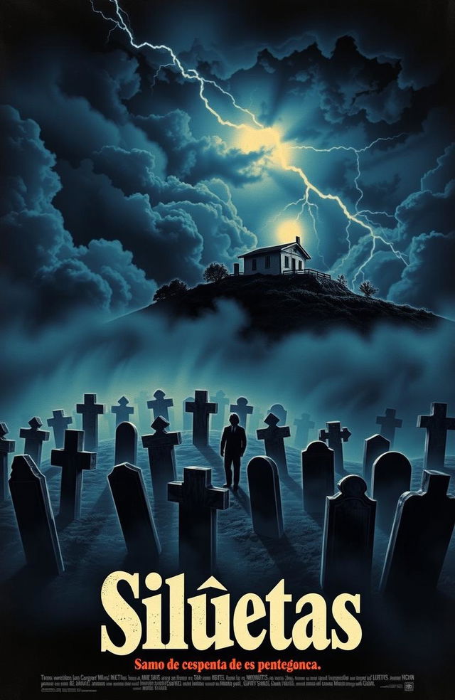 A Spanish horror movie poster from the 1970s titled "Siluetas", featuring a stormy night scene with a house on a hill, a cemetery at the base, and thin human silhouettes walking among tombstones in thick fog