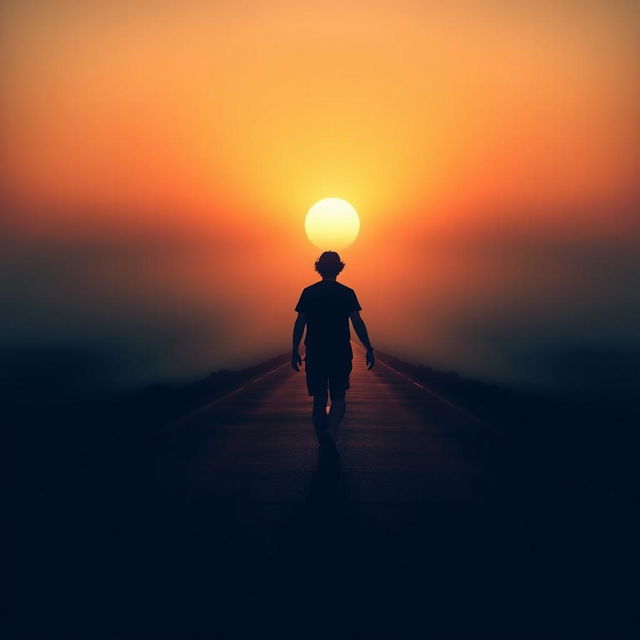 A silhouette of a person walking on a long road with a background of either sunrise or sunset