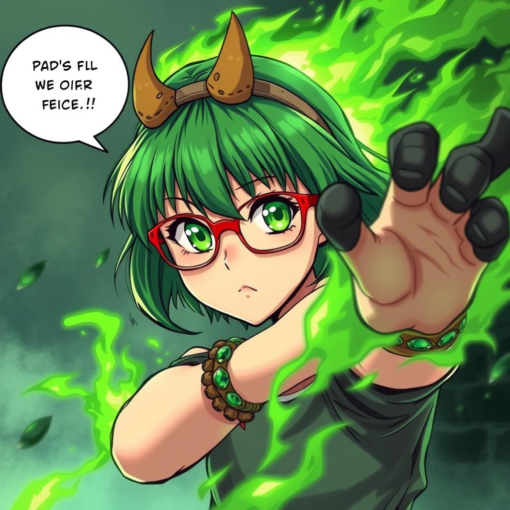 A green-haired teenage girl with green eyes and red glasses, wearing a wooden and emerald bracelet, sets off on an adventure to defeat her little brother who is controlled by an evil and powerful devil