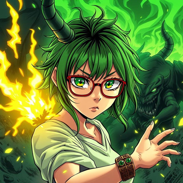 A green-haired teenage girl with green eyes and red glasses, wearing a wooden and emerald bracelet, sets off on an adventure to defeat her little brother who is controlled by an evil and powerful devil