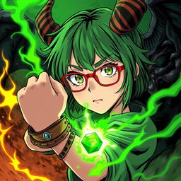 A green-haired teenage girl with green eyes and red glasses, wearing a wooden and emerald bracelet, sets off on an adventure to defeat her little brother who is controlled by an evil and powerful devil