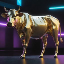 A cow designed in cyberpunk style, enrobed in shiny gold plating with neon accents.