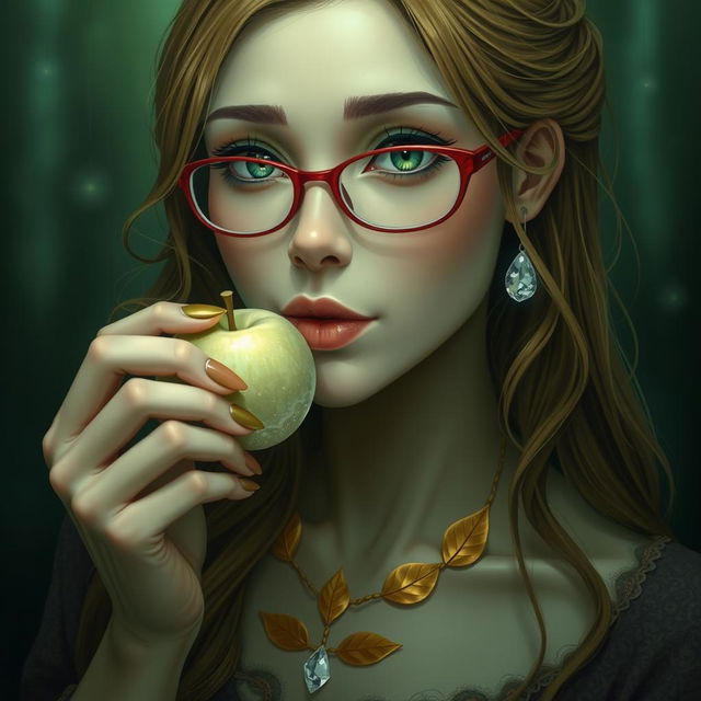 A green and brown-haired adult woman with green eyes and red glasses, wearing a golden leaf necklace, is eating a legendary white crystal apple