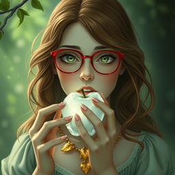 A green and brown-haired adult woman with green eyes and red glasses, wearing a golden leaf necklace, is eating a legendary white crystal apple