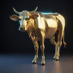 A cow designed in cyberpunk style, enrobed in shiny gold plating with neon accents.