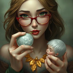 A green and brown-haired adult woman with green eyes and red glasses, wearing a golden leaf necklace, is eating a legendary white crystal apple