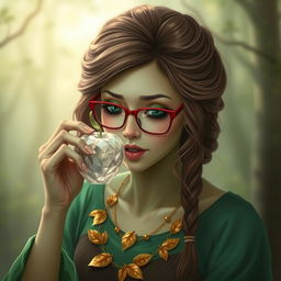 A green and brown-haired adult woman with green eyes and red glasses, wearing a golden leaf necklace, is eating a legendary white crystal apple