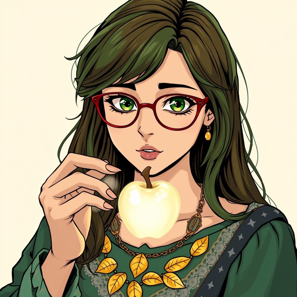 In a manga style, a green and brown-haired adult woman with green eyes and red glasses, wearing a golden leaf necklace, is eating a legendary white crystal apple