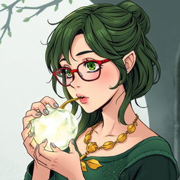 In a manga style, a green and brown-haired adult woman with green eyes and red glasses, wearing a golden leaf necklace, is eating a legendary white crystal apple