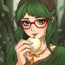 In a manga style, a green and brown-haired adult woman with green eyes and red glasses, wearing a golden leaf necklace, is eating a legendary white crystal apple